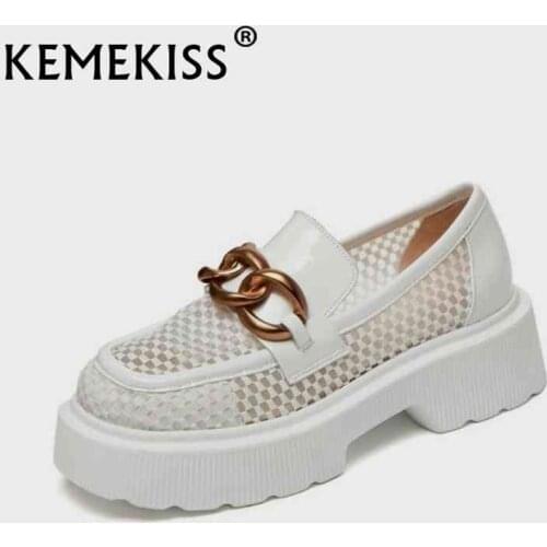 KemeKiss Women Real Leather Pumps Round Toe Metal Chains Slip On Hollow Out Outdoor Casual Ladies Footwear Fashion Size 34-40