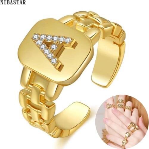 NIBASTAR Adjustable Opening Geometric Gold Letter Ring For Women Fashion Crystals Copper Rings A-Z Letter Ring Jewelry Gift
