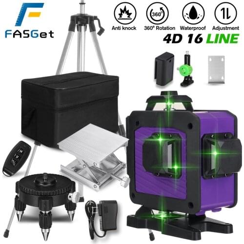 FASGet Laser Level 16 Line Green Light 4D Remote Control Measure W/Wall Attachment Frame Self-Leveling System Green Beam Laser