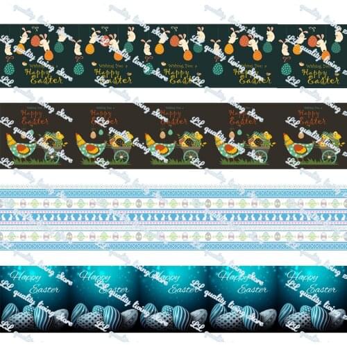 WL 1’Happy Easter Egg Printing Grosgrain Ribbon Christmas Theme Holiday Party Bow Decoration Gift Wrapping Hair Accessories