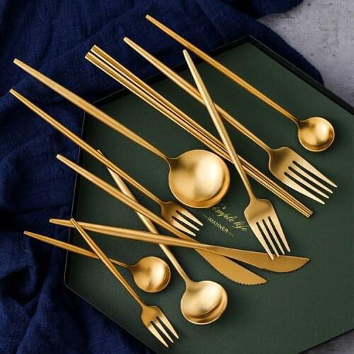 Gold Portable Nordic Luxury Cutlery Set Retro Travel Knife And Fork Set Gift Stainless Steel Sztucce Zestaw Tableware BK50DC