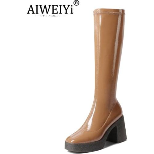 AIWEIYi Autumn Winter High Heels Knee High Boots Thick Heel Boots Square Toe Patent Leather Stretch Long Boots