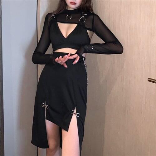 Sexy High Slit Skirts Goth Skirt Streetwear Punk Black Skirt Y2K Goth Bodycon Women Harajuku Metal Patchwork High Waist Skirts