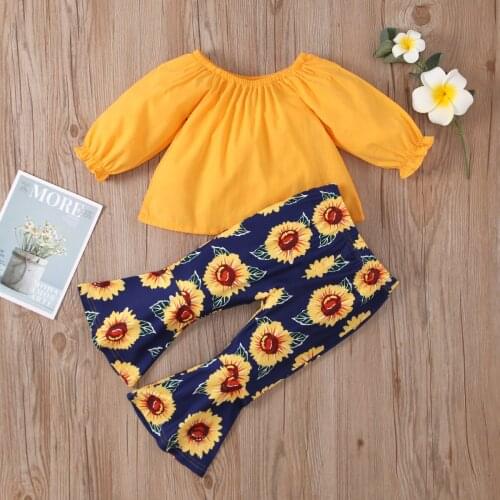 Pudcoco Spring Baby Girls 2-piece Suit, Flower Print Trousers, Solid Color Pagoda Long Sleeve Off Shoulder Top