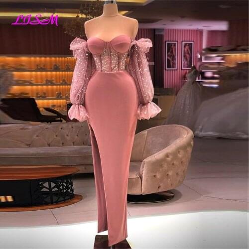 Dusty Pink Tulle Long Sleeve Evening Dresses Mermaid Boning High Slit Night Dress Sexy Party Gowns Vestidos de festa