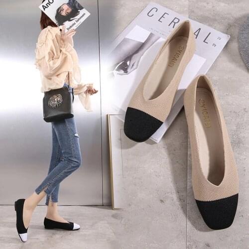 Mixed color fly weaved flats single shoes women square toe shallow slip on moccasins hot selling breathable knitted loafers 2019