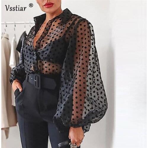 Polka Dot Women Blouse Sexy See Through Party Tops Long Puff Sleeve Autumn Shirts Casual Loose Ladies Blouses White Black Red
