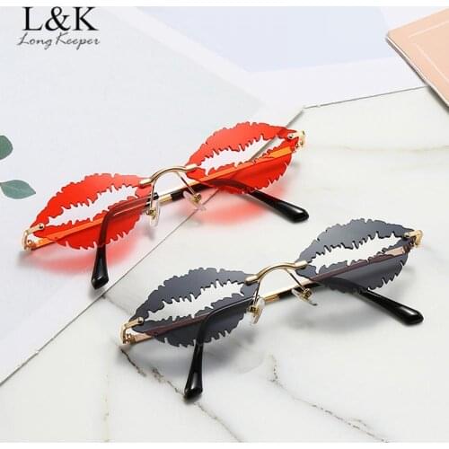 LongKeeper Fashion Rimless Sunglasses Women Men Brand Design Lip Shape Glasses Female Ocean Lens Hollow Sun Glasses Shades UV400
