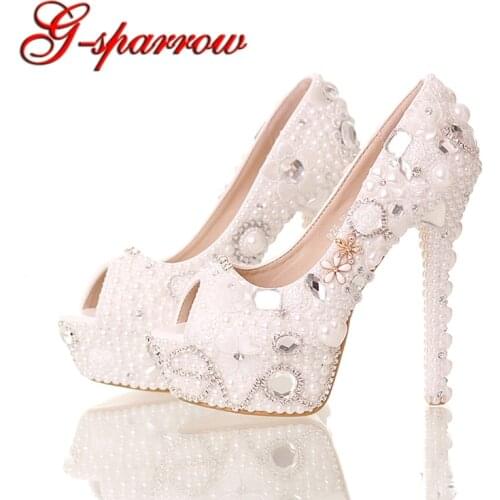 Summer Peep Toe White Pearl Shoes Wedding Bridal 14cm High Heels Platform Crystal Bride Shoes Handmade Party Prom Pumps