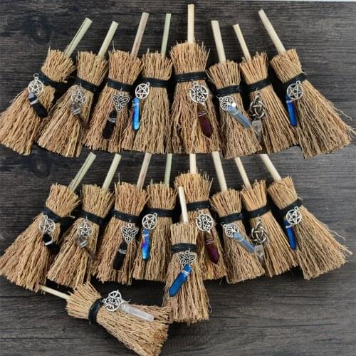 Dust Removal Broom Wicca Celtic Pentagram Mini Witch Broom Witchcraft Accessories Raw Crystal Wicca Altar Broom