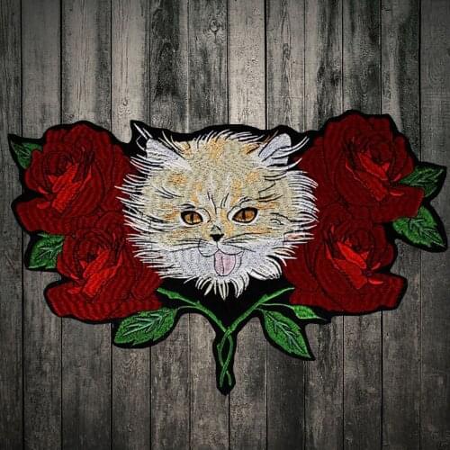 Embroidered Cat Flower Patch Applique Iron On Label punk biker Patches Clothes Stickers Apparel Accessories Badge