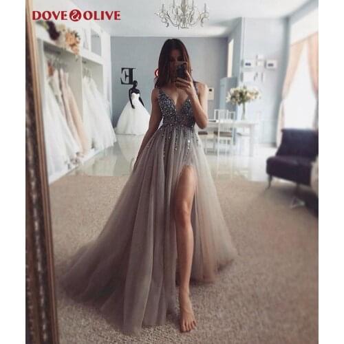 High Split Sexy V Neck Beading Sequins Prom Dresses 2020 Women vestidos de fiesta Formal Party Backless gala jurken Evening Gown