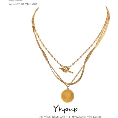 Yhpup Temperament Round Portrait Pendant 316L Stainless Steel Necklace New Design Metal Texture 18 K Choker Necklace Jewelry