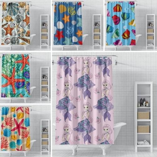 Starfish Shower Curtains Cartoon Beach Sea Shell Mermaid Background Waterproof Polyester Shower Curtains For Bathroom Decoration