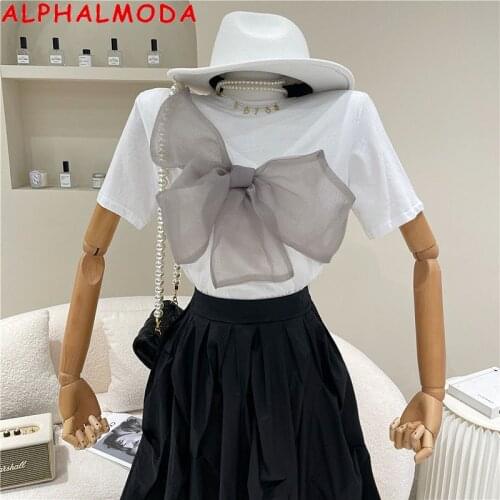 Korean Short Sleeve white t-shirt female 2021 spring and summer new bow design feeling loose and thin short top fashion