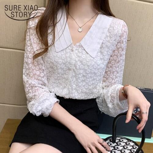 New Spring 2021 Lace Blouse Women Chic Crochet Embroidery Floral Long Sleeve Tops Fashion Doll Collar Lapel Splicing Shirt 13981