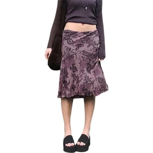 Women High Waist Midi Skirt Print Y2K Vintage Bohe Ruffle Midi Skirts A Line Slim Skirt Dailywear Slim Fit Skirts