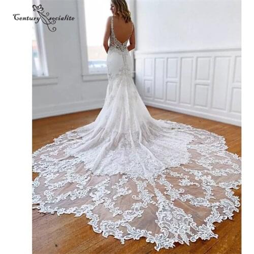 Boho Mermaid Wedding Dresses 2020 Women Bride Dress Lace Appliques Beaded Backless Plus Size Bridal Gowns Vestido De Noiva