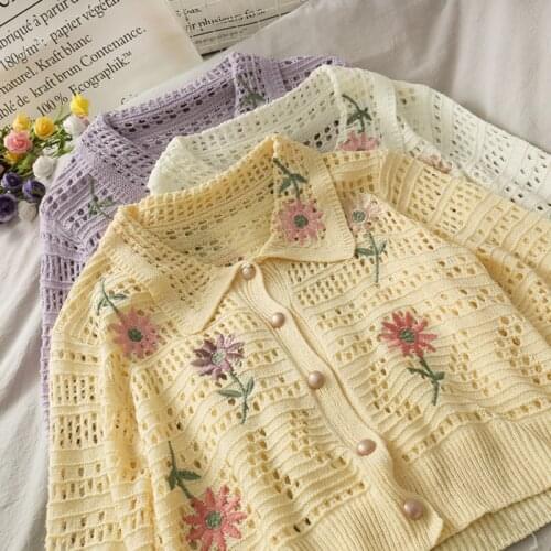 Sweet Flower Embroidery Hollow Out Thin Sweater Cardigan Coat Women 2021 Spring Ladies Single Breasted Lapel Knitted Crop Top