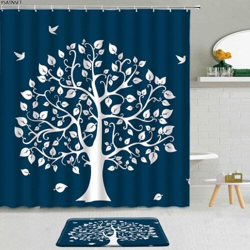 2Pcs Hand Painted Simplicity Tree Shower Curtain Blue Background Sunflower Flower Pattern Bathroom Non-Slip Carpet Bath Mat Set