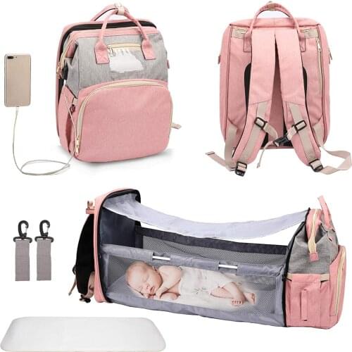 2020 Fashion Portable Folding Crib Diaper Bag Multi-Function Large Capacity Baby Backpack Diaper Bag Baby Stroller Organizer Bag