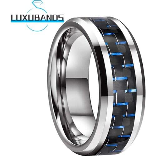 8MM Tungsten Wedding Rings For Women Men Beveled Edges Blue&Black Carbon-Fiber Inlay Engagement Polished Finished Comfort Fit