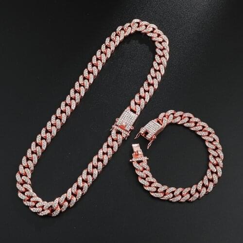 D&Z Hip Hop 13mm Rose Gold Cuban Link Chain For Men Iced Out Bling Rhinestone Chaine Homme Fashion Jewelry Wholesale