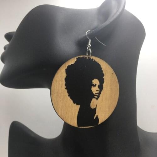 Engraving Afro Woman Wooden Earrings