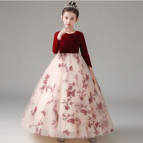 Flower Girl Dress Illusion O-Neck Embroidery Princess Floor-Length Tulle Lace Full Luxury Navy Blue Lovely Kids Party Gown H229
