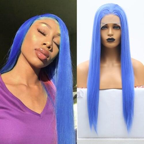 Charisma 26 Inches Long Straight High Temperature Fiber Hair Synthetic Lace Front Wig Free Part Blue Wigs for White/Black Women
