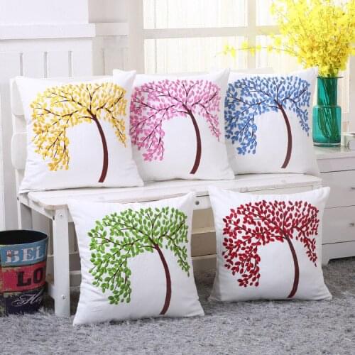 Cotton embroidery new sofa cushion four season trees embroidery white cotton cushion cover