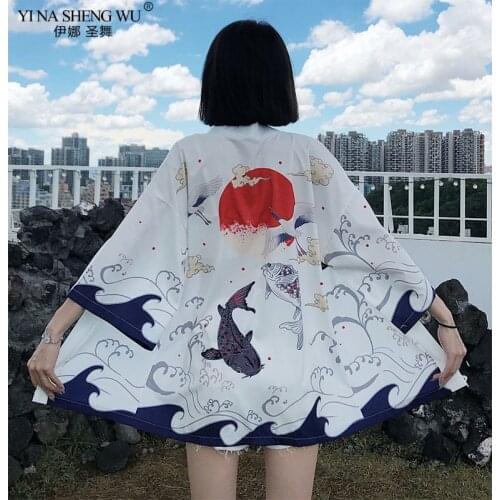 Japanese Fish Print Kimono Cardigan Harajuku Traditional Women Cosplay Yukata Female Obi Black Streetwear Haori Beachsafd Coat
