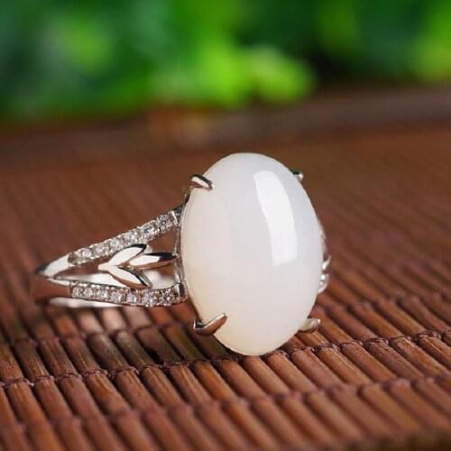 Large Egg Noodle Hetian Jade 925 Sterling Silver Live Ring Female Ring Sterling Silver Inlaid White Jade Simple Ring Jade Jewelr