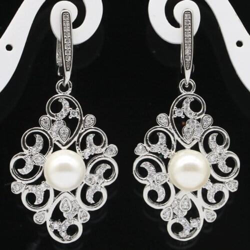46x22mm SheCrown Jewelry Set Elegant White Bright Cubic Zircon White Pearl For Sister Silver Pendant Earrings Wholesale