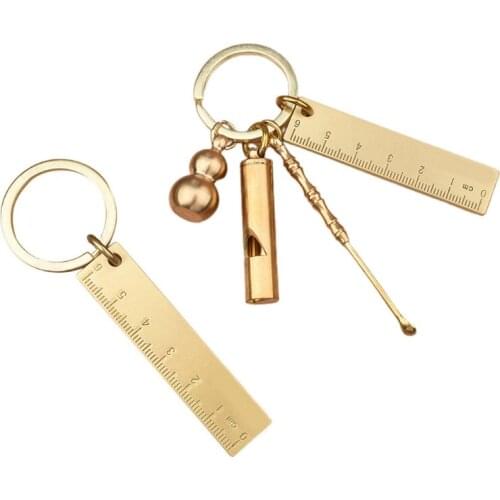 Brass Keychain Pendant Pure Copper Craft Key Chain Ring Ruler Set Gourd Survival Whistle Earwax Removal Tool