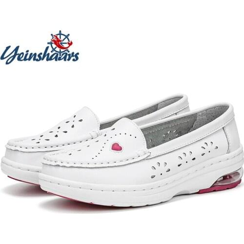 YEINSHAARS White Genuine Leather Platform Loafers Women Nurse Shoes Round Toe Slip-on Thick Flats Breathable Soft Cowhide Chunky