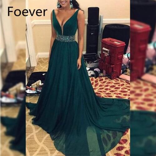 New Long Evening Dresses 2019 A-Line Deep V-Neck Sparkly Beaded Crystal Sashes Saudi Arabic Women Formal Prom Gown Party Dress