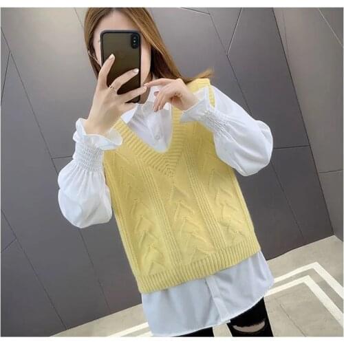 2021 Spring Autumn New Womens Elegant Sets Female Fashion Long Sleeve Shirt and Sleeveless Knitted Vest Two Piece Sets Q847
