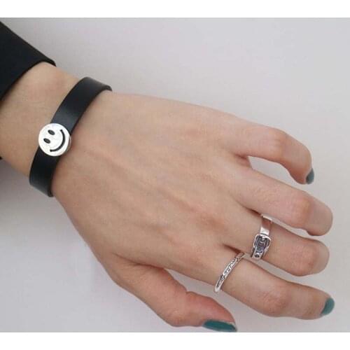 New Arrival Punk Genuime Leather Bracelet Statement Korean 925 Sterling Silver Smile Charm Bangle Fashion Jewelry Accessories
