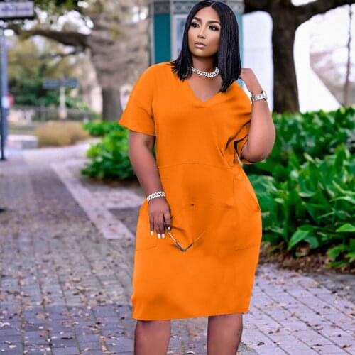 Solid Loose Casual Dress Women V-Neck Short Sleeve Basic Midi Dress Streetwear Pockets Oversized Summer Dress Sundress Vestidos