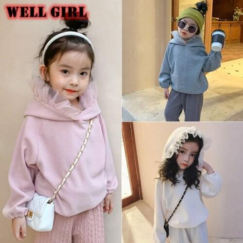 Solid color hoodies baby girls outfits toddler long sleeve sweatshirt mesh lace hooded pullover kids fashion children 1 to 6 yrs