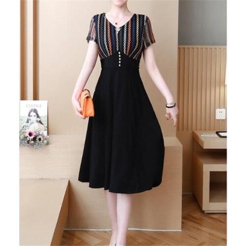 V Neck High Quality Dress Summer New WomenS Party Casual Vintage Elegant Lace Printing Stitching Fashion Chiffon Dress