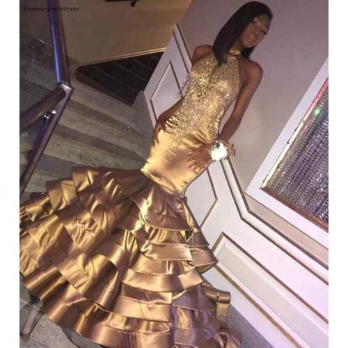 Gold Color Prom Dresses 2019 African Black Girls Mermaid Halter Neck Holidays Graduation Wear Evening Party Gowns Plus Size