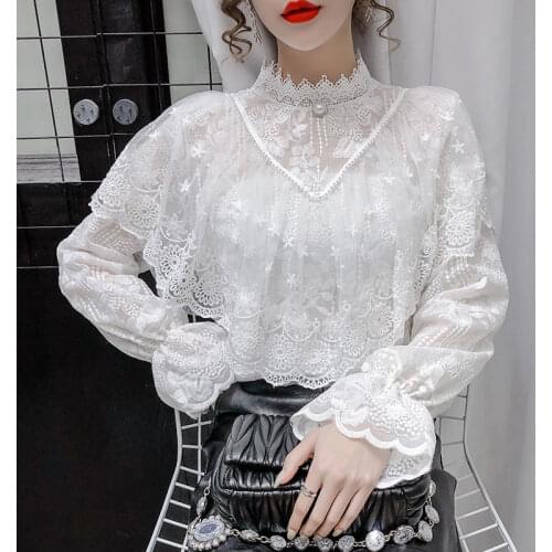 Mesh hollow ruffled crochet lace shirt womens autumn 2021 new style, thin and wild temperament