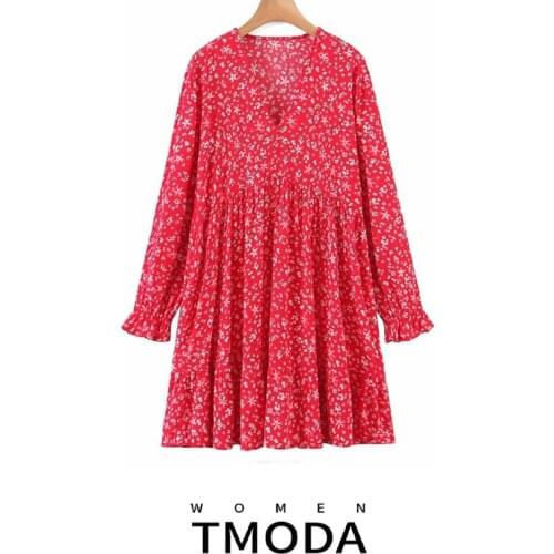 TMODA1208 2021 Za Vintage Red Ruffled Mini Dress Women O Neck Summer Autumn Long Sleeve Red Streetwear Dress Vestidos Mujer