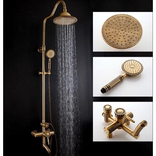 Vidric Shower Faucets Luxury Bath Shower Sets Bathroom Wall Mounted Hand Held Antique Brass Shower Head Kit Shower Faucet Set
