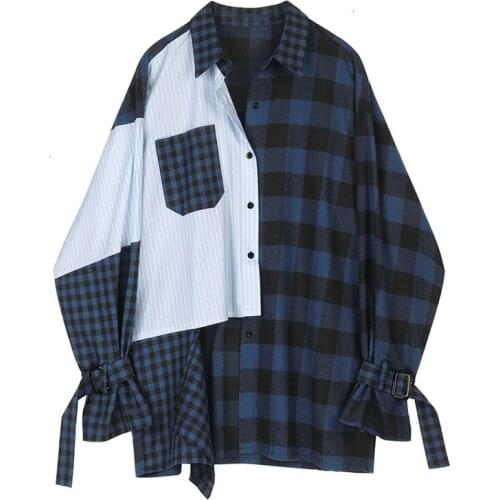 Womens Blue Striped Plaid Split Big Size Blouse Lapel Long Sleeve Loose Shirts Fashion Spring Autumn 2020 Casual Korean Clothing