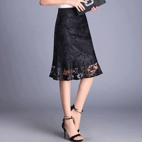 2020 Summer Spring Womens High Waisted Ruffled Black Lace Trumpet Skirt , Office Lady Woman 4xl Slim Mermaid Skirts