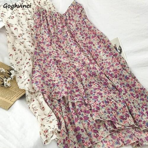 Women Floral Skirts Elastic Waist Ruffles Fresh Sweet Girls Holiday Temperament Soft Breathable Japanese Ulzzang Trendy Females