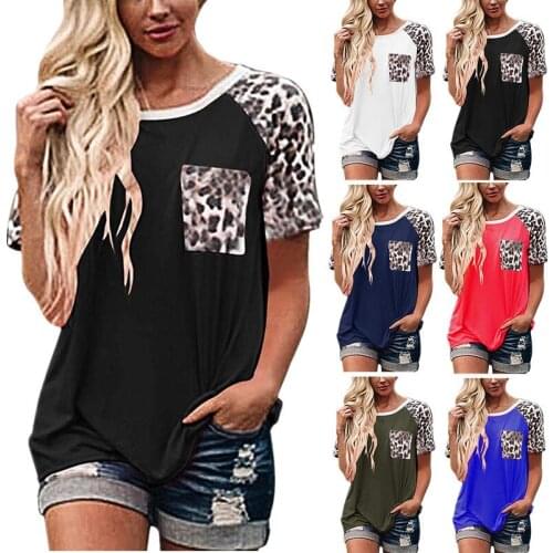 Woman Tshirts New Summer 2021 Ladies Round Collar Leopard Splicing Short Sleeve T-shirt Harajuku T Shirt Women BX20108